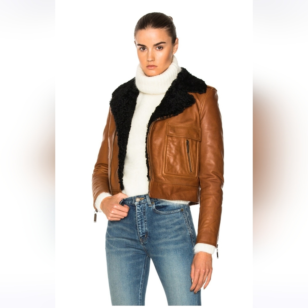 Saint Laurent Sz 34 XS Brown Calf Leather Jacket Black Shearling Lining Preloved